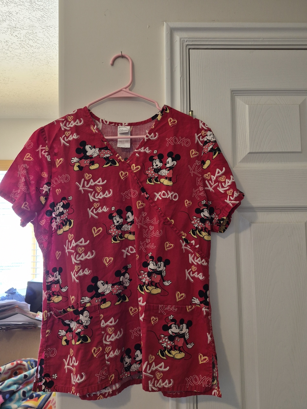 Disney Red Mickey & Minnie Kiss Print Scrub Top